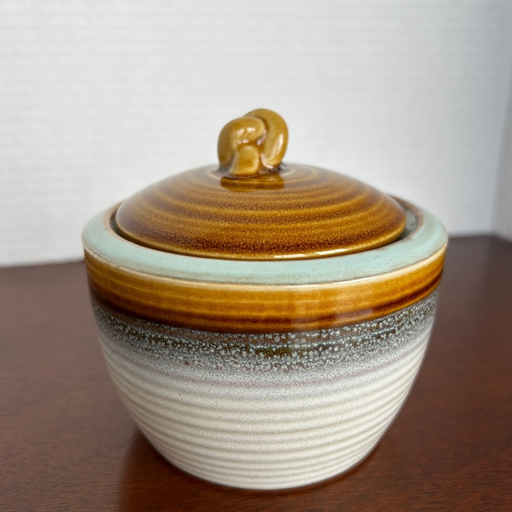 Roscher Stoneware Lidded Jar/Crock Neutral Tones Turquoise Accent Twist Handle